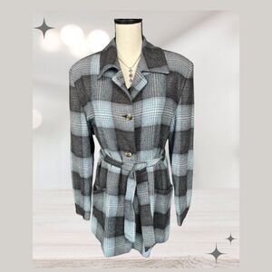 Bianca Lightweight Gray Blue Plaid Tie-waist Jacket | 14 | Viscose & Lambs Wool